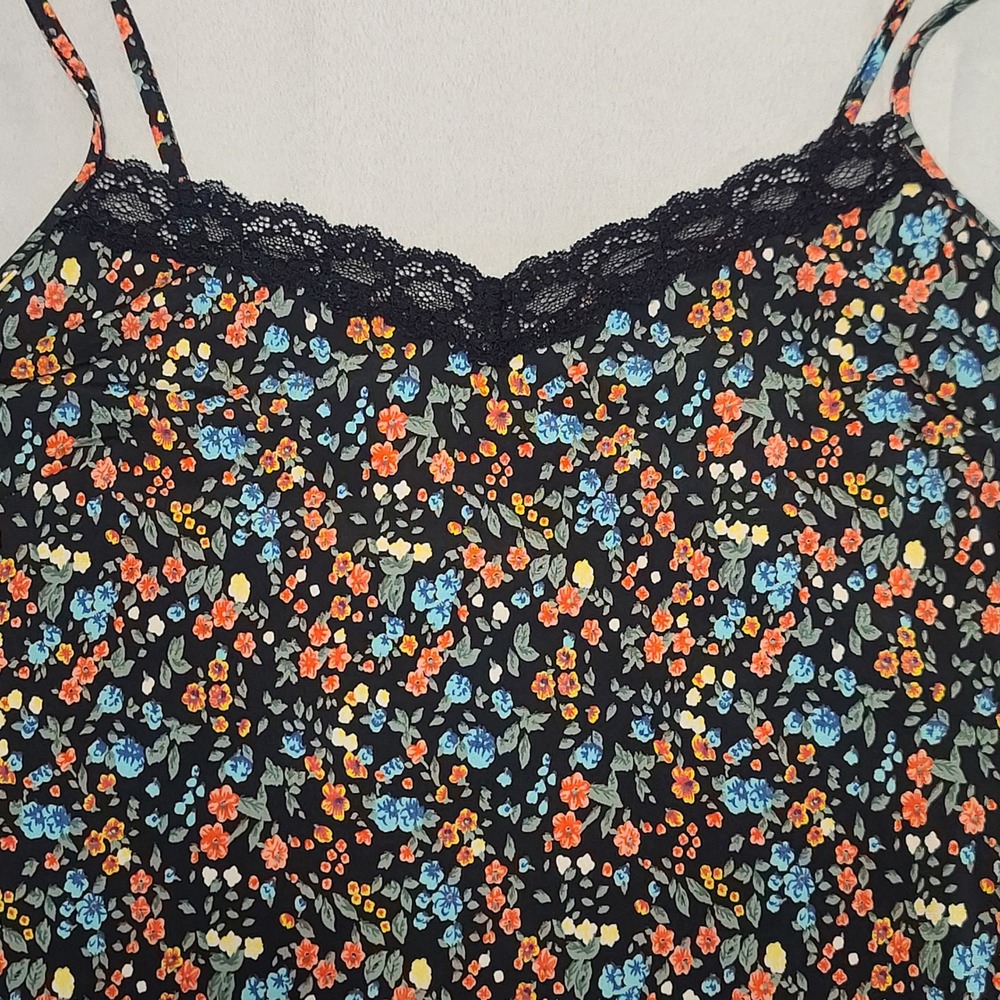 Lovely Day Floral Mini Dress Womens Medium Black Lace Trim Ditsy Bodycon PD4528D